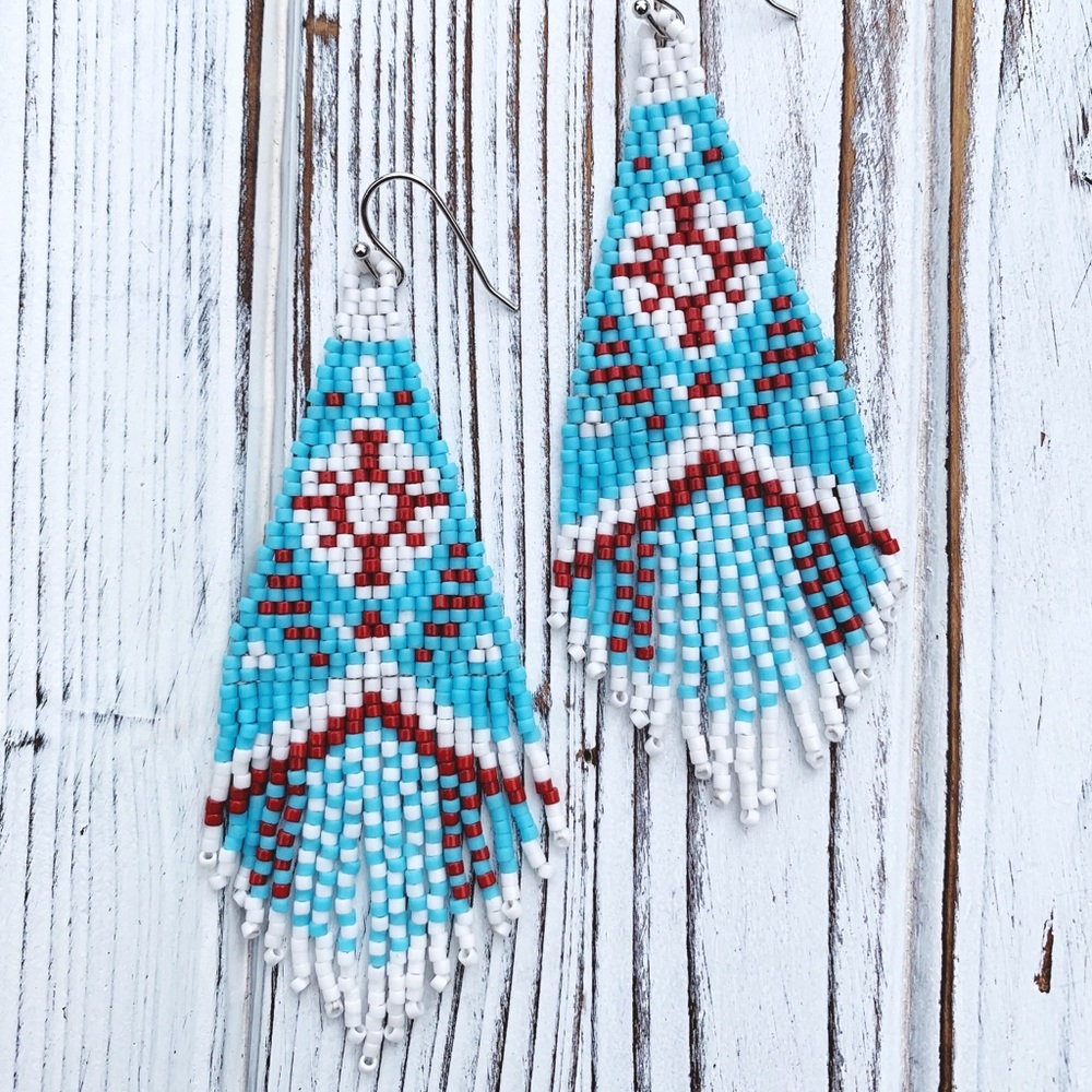 Blue Handmade Winter Sun Fringe Hook Earrings